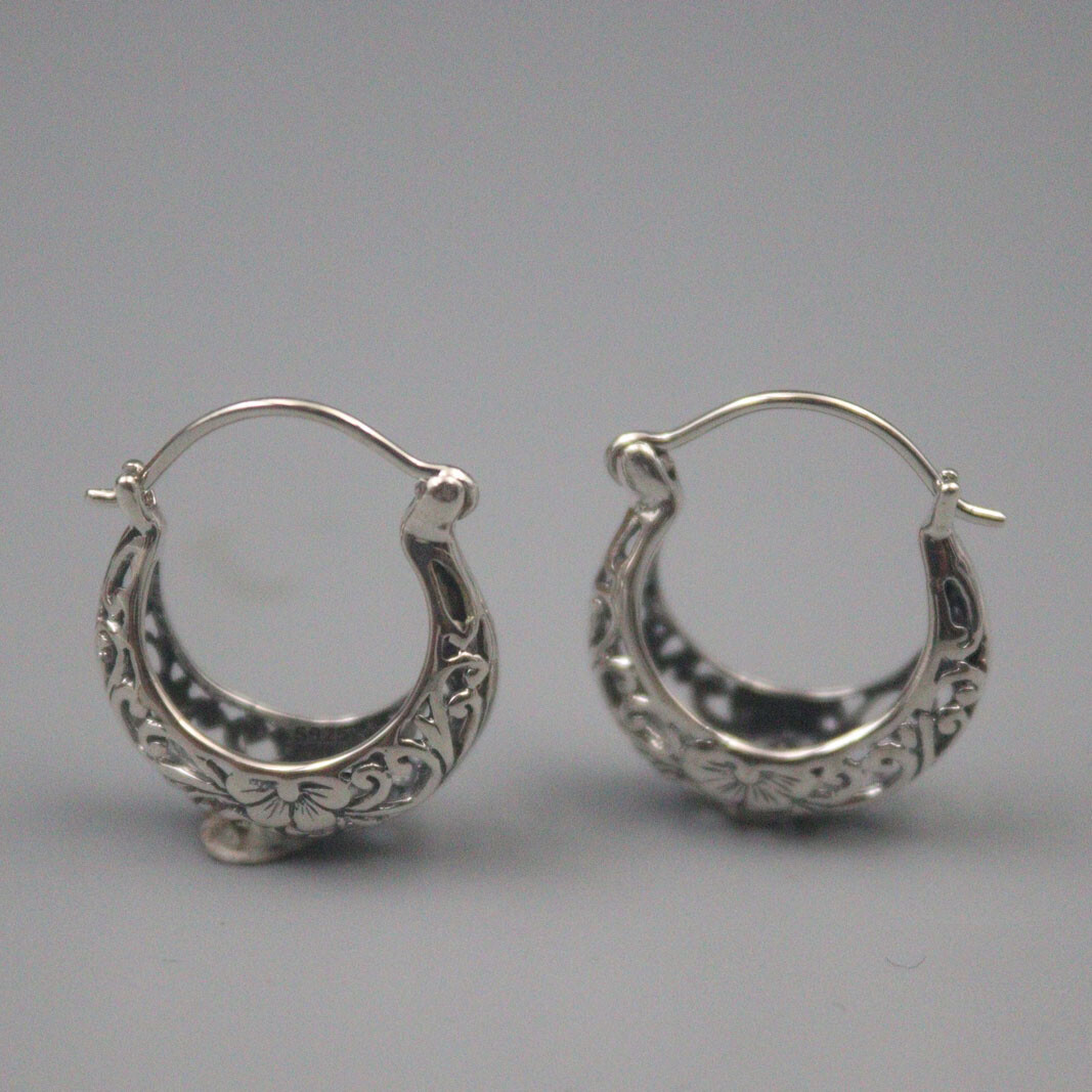 Real 925 Sterling Silver Earrings Hoop Vintage Pattern Small