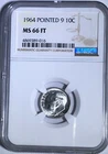 1964 P NGC MS66 FT Silver Roosevelt Dime Pointed 9 10C 90% Silver Full Torch
