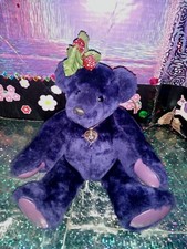   Deep Purple Teddy Bear w/Lavender Vinyl Pad Feet Paws  Gold Charm 12" Plush 