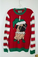 NWT Ugly Christmas Sweater Pug Women's M Pug Elf Holiday Party Green Red Bell 3D