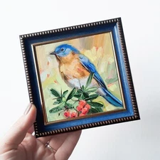 Blue bird painting original oil artwork gift small art framed gold Bluebird 4x4