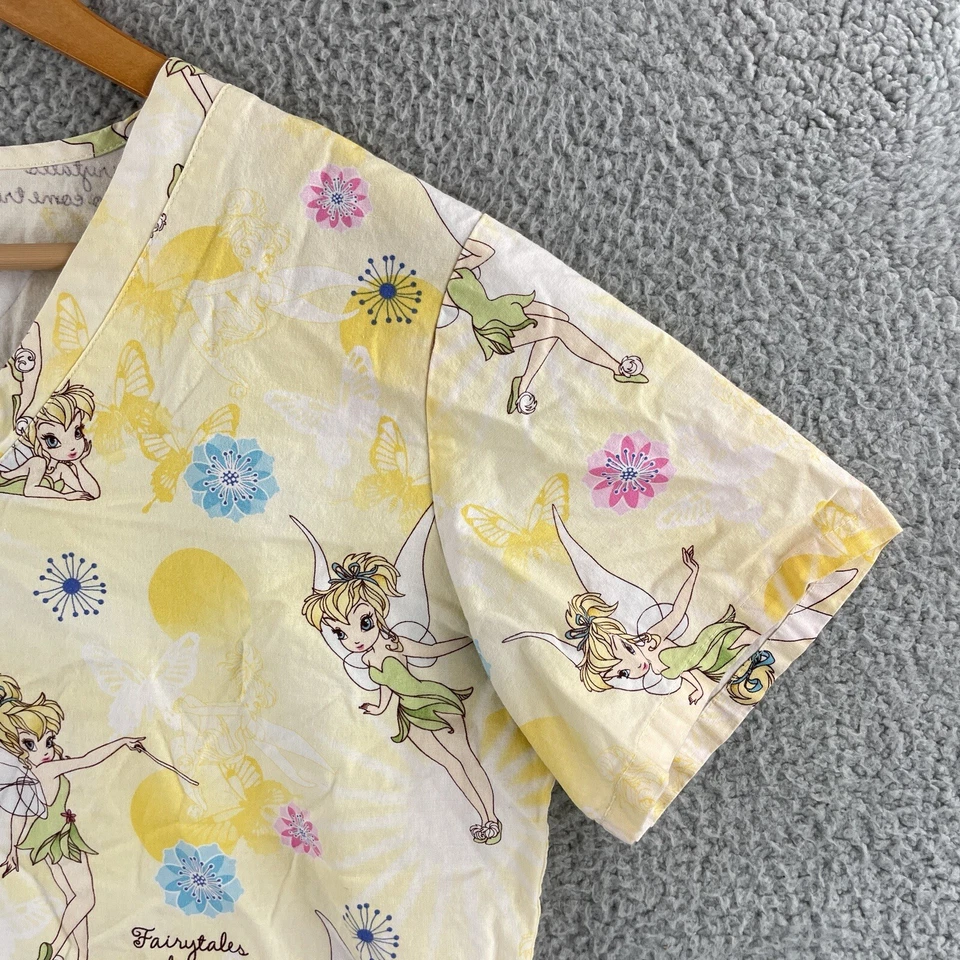 Disney Tinkerbell Scrub Top Womens Small Yellow V Neck Nursing Medical Pockets - Image 3 of 4