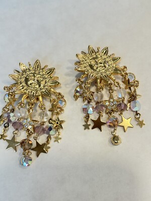 Celestial Sun Aurora Rhinestone KIRKS FOLLY Vintage Clip-On Earrings Gold J-300