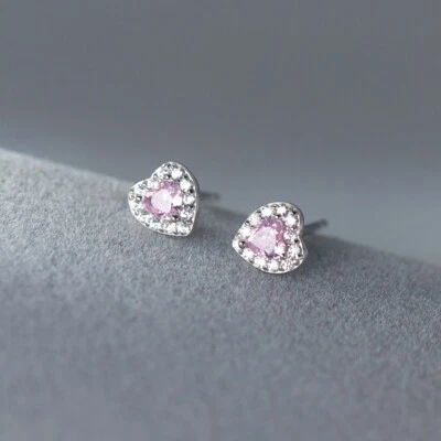 Kleine Ohrstecker Herz Silber 925 Zirkonia Rosa Damen Mädchen Ohrringe - Bild 1 von 4