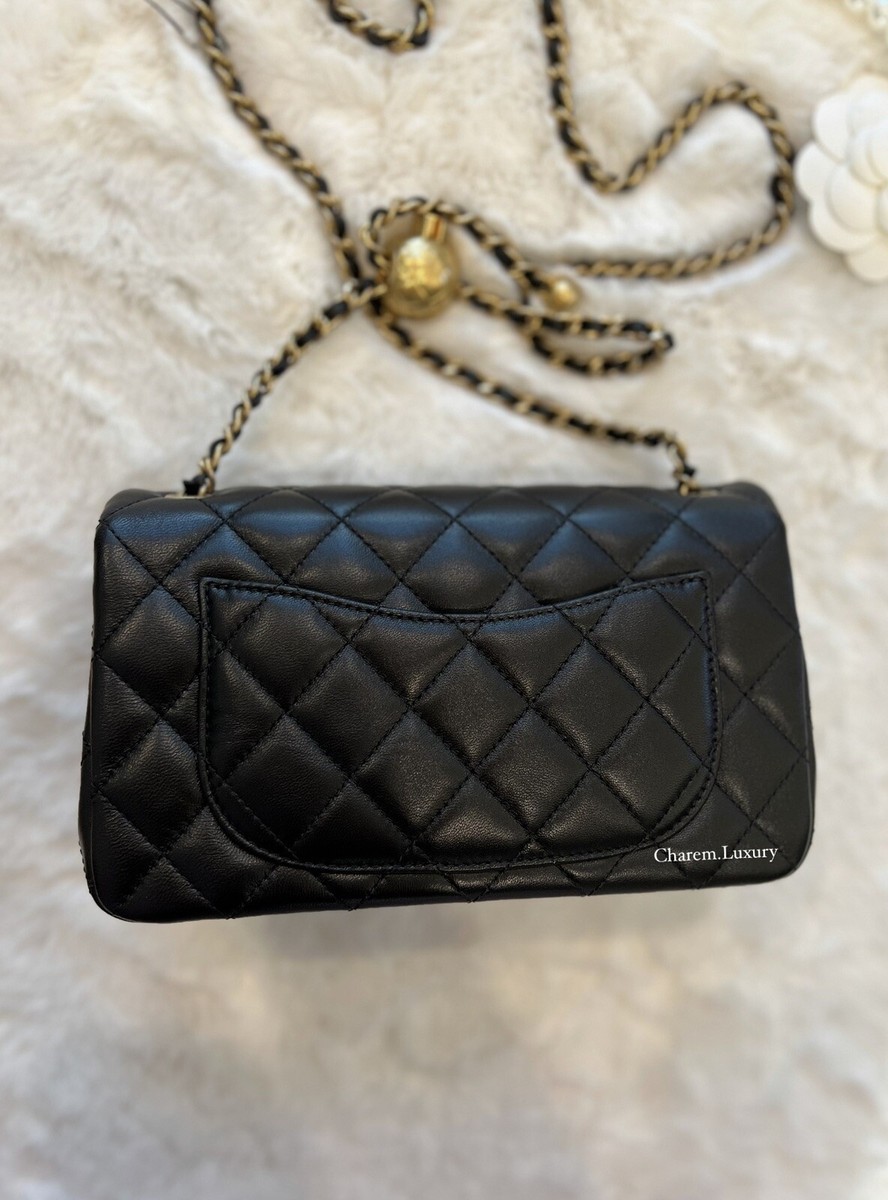 🖤NWT 24K CHANEL Black Mini Rectangle Pearl Crush Gold Ball Flap