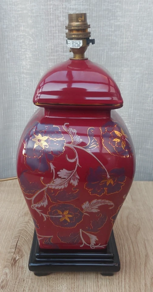 Vintage Table Lamp Large Ceramic Burgundy Red Floral Table Bedside Lamp Light - Image 3 of 4