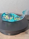 Fenton Whale Aquamarine Hand Painted Dragonfly Floral Figurine USA Art Glass 90s