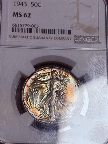 1943 Beautiful Rainbow Toned Walking Liberty Ngc Graded Ms62 Gorgeous Toning