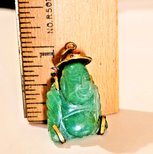 14K Yellow Gold Jade Ruby Buddha Pendant Vintage 1" Tall