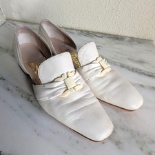 Vintage 1980s Salvatore Ferragamo White Leather Slip On Cut Out Flats, 6.5 AA