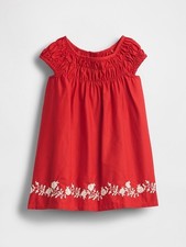 Baby GAP Red Smocked Puff-Sleeve Dress With Embroidered Floral Hem Size 18-24 M