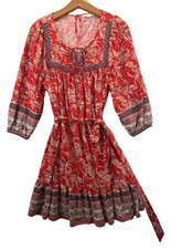 Beach Lunch Lounge Dress Sz M Orange Floral Boho Peasant Tasseled Casual 3/4Slv