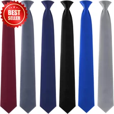 6-Pack 20" Solid Clip‑On Pre‑Tied Men’s Neckties for Office & School Uniforms