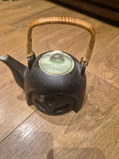 Vintage Japanese Style Ceramic Tea Pot Black Matt, Bamboo Handle,