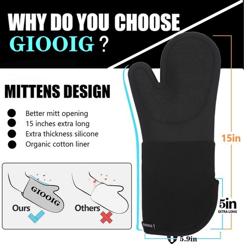 Extra Long Silicone Oven Mitts and Pot Holders 15”Oven Heat Resistant 500F Mits - Picture 2 of 8