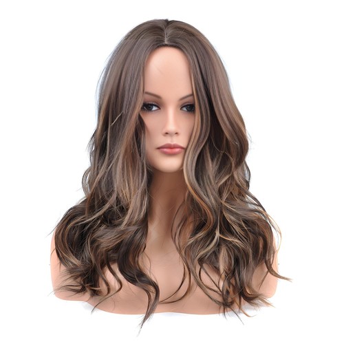 Brown Mixed Ash Blonde Long Wigs for Women,20inch Wave Curly Middle Part Synt... - Picture 2 of 8