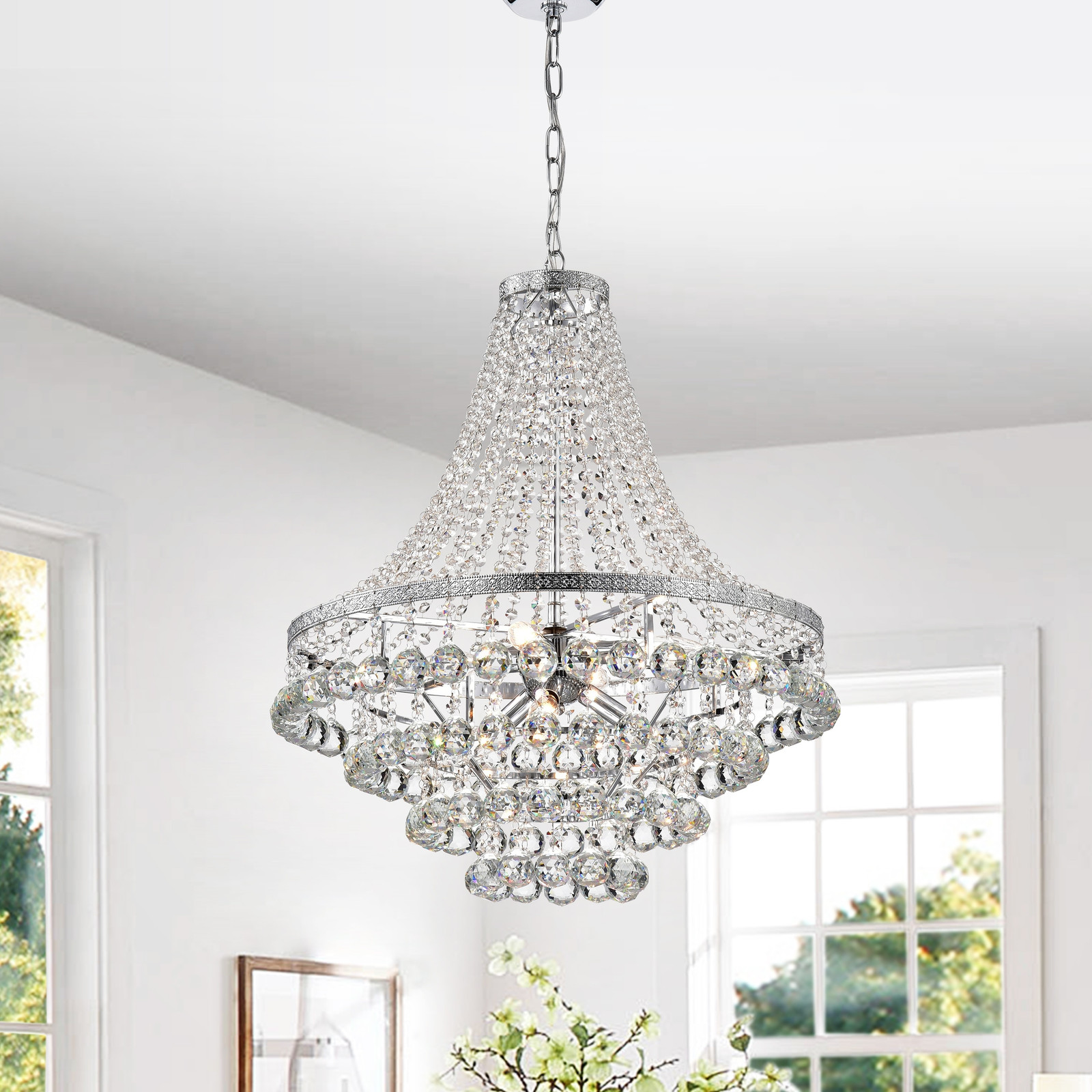 Chrome 7-Light Empire Four Tier Chandelier with Crystal Chrome