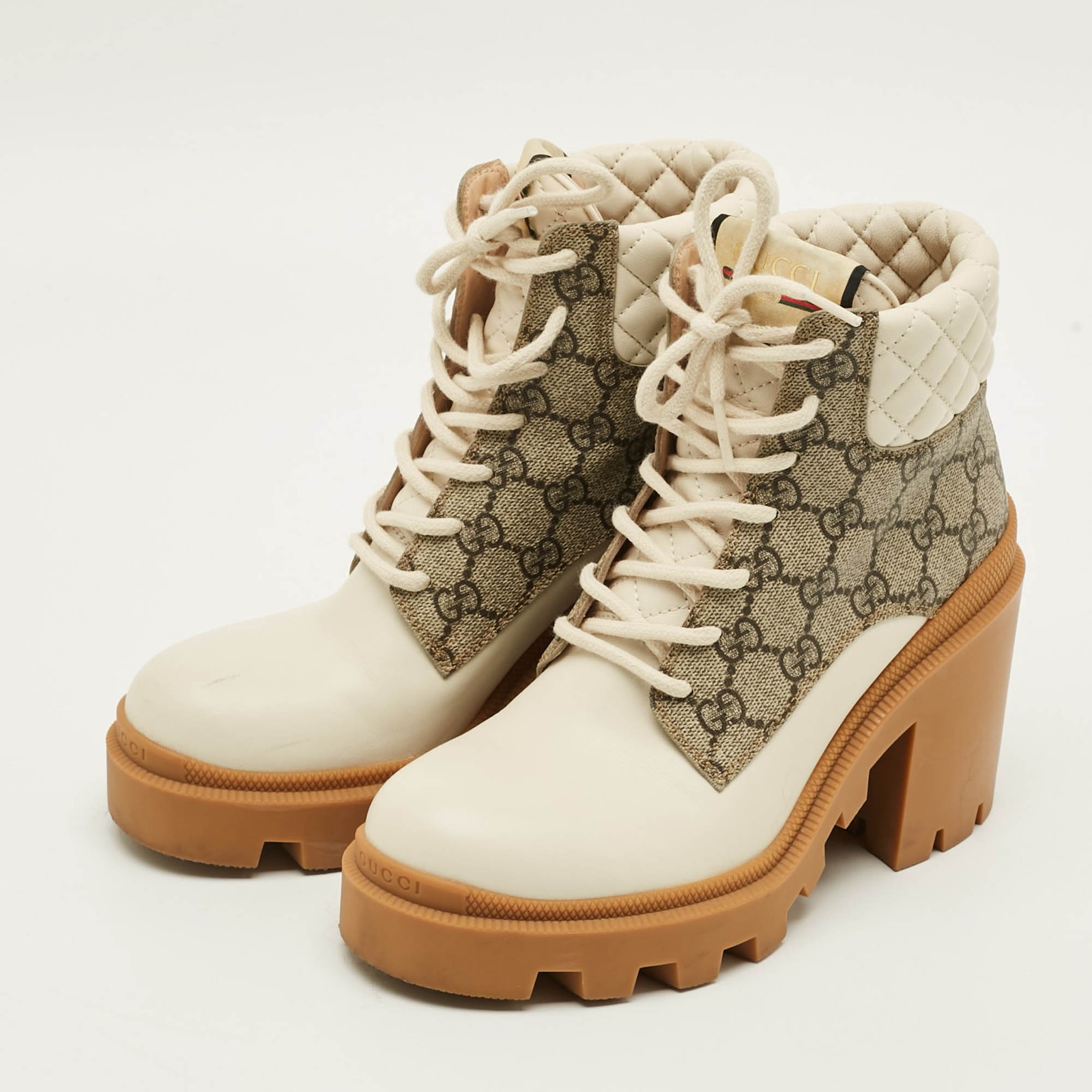 Gucci Size 37 CreamBrown Canvas and Leather Ankle Length Boots thumbnail 2