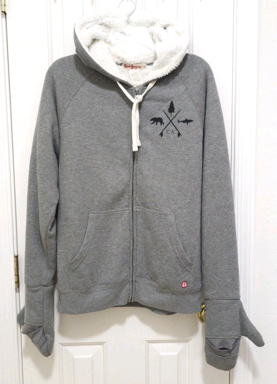 Feejays SMALL Sherpa Lined Hoodie Zip Sweatshirt Jacket Mittens Built-In Gray