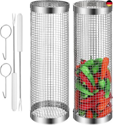 UKCOCO 2 Stück Rollbarer Grillkorb Aus Edelstahl, Runder Grillkorb Zum Grillen 