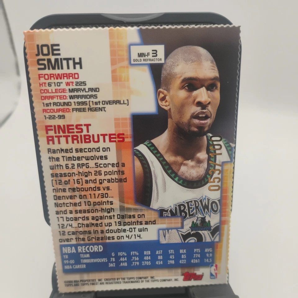 Joe Smith 2000 Topps Finest Gold Refractor SSP #053/100 Timberwolves Legend Foto 2 de 2
