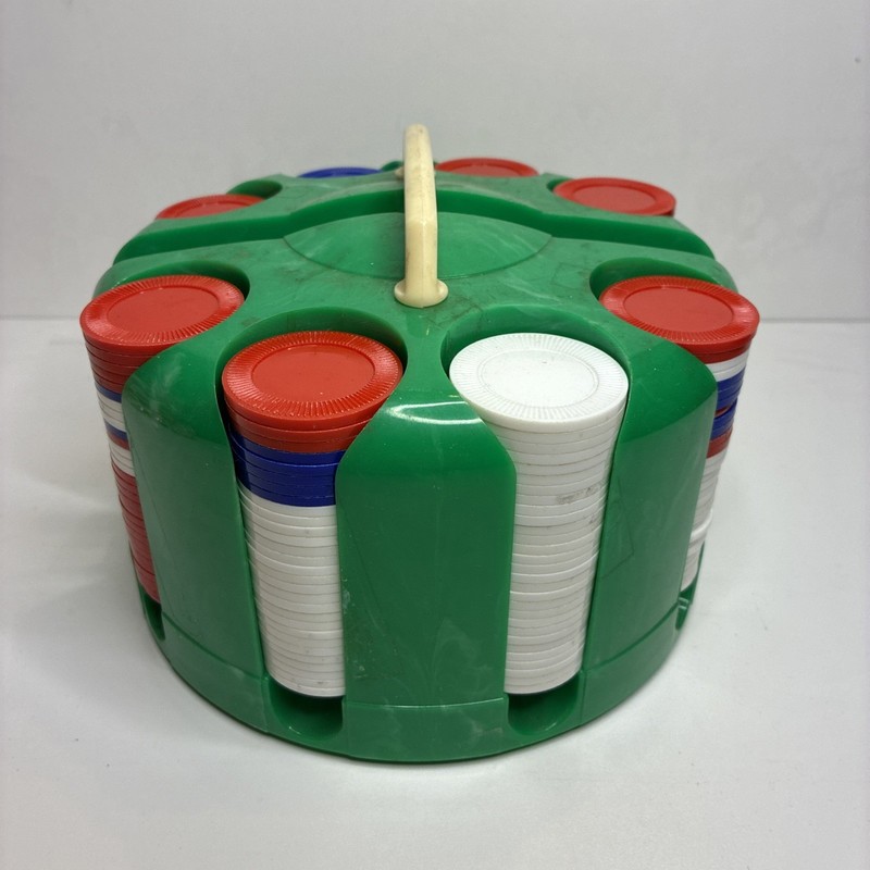 MCM Marbled Green poker chip carrier with plastic chips