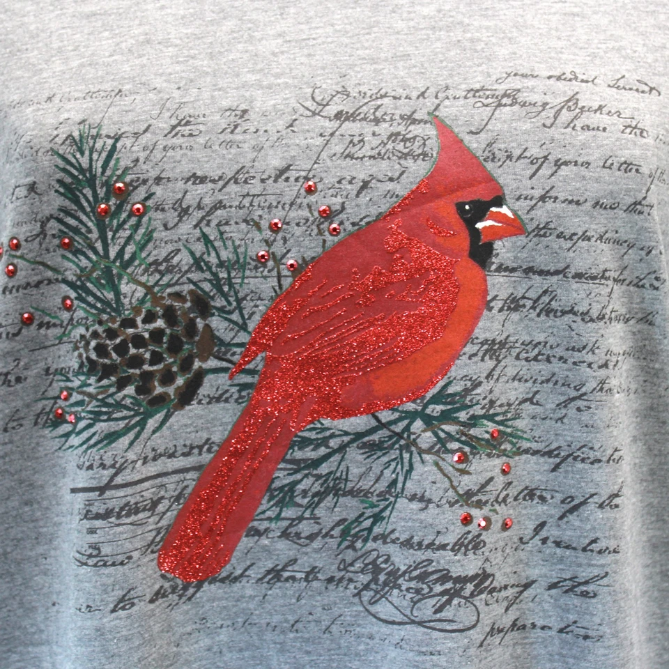 Catherines Plus Gray Cotton Glitter Bird Christmas Top Blouse 6X 38/40W - Image 4 of 4