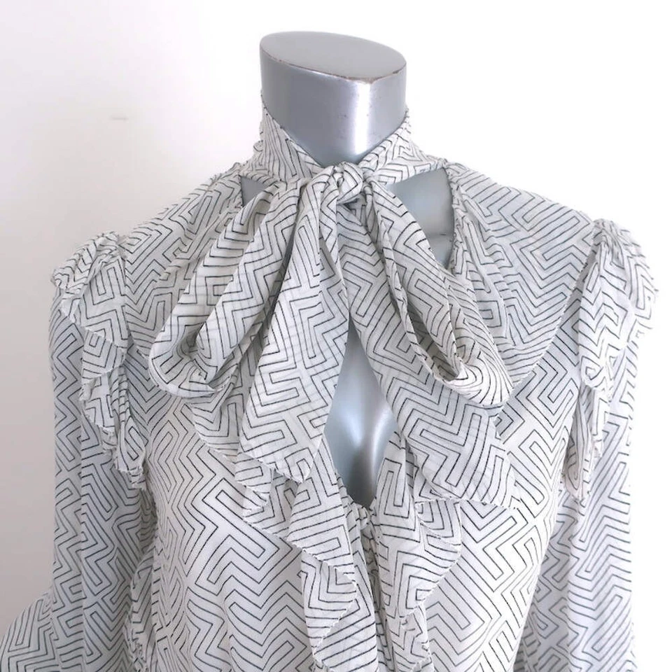 Maxi Vestido Zimmermann Coño Lazo Volantes Blanco Estampado Zig Zag Crepé Talla 1 Foto 3 de 4