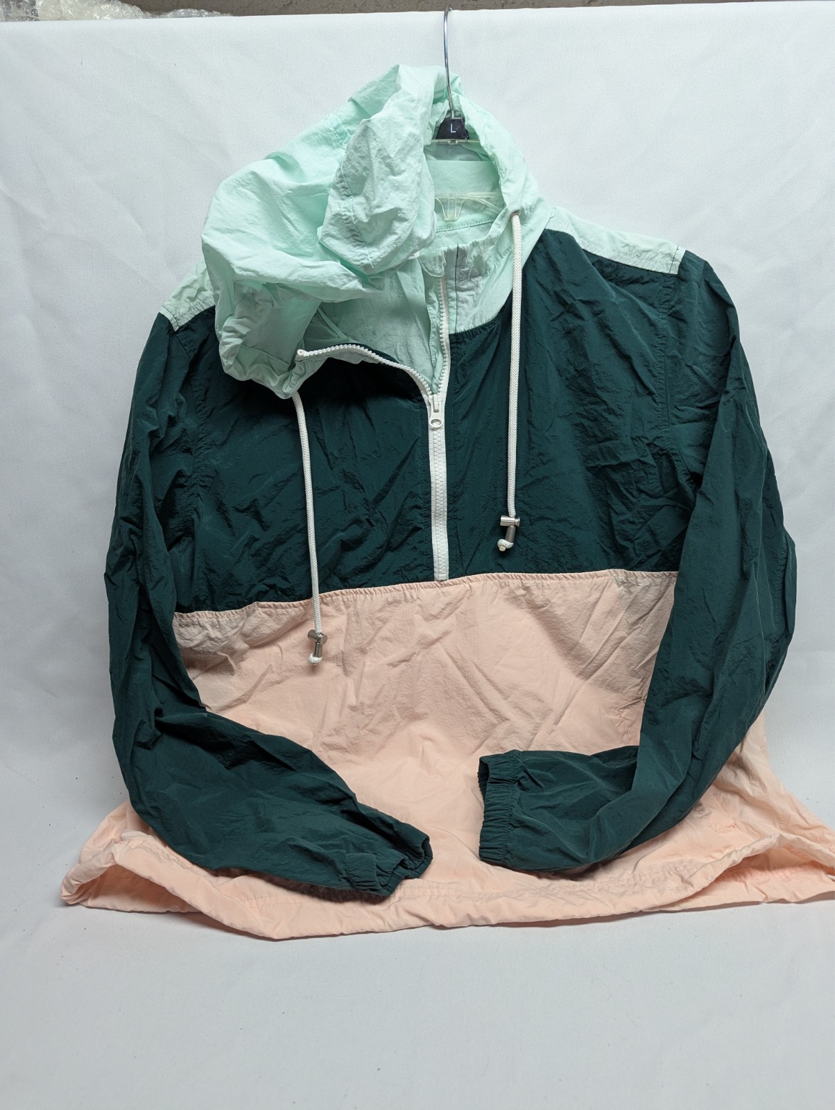OLD NAVY Green & Peach Windbreaker Jacket Size L Hooded 1/4 Zip Long Sleeve