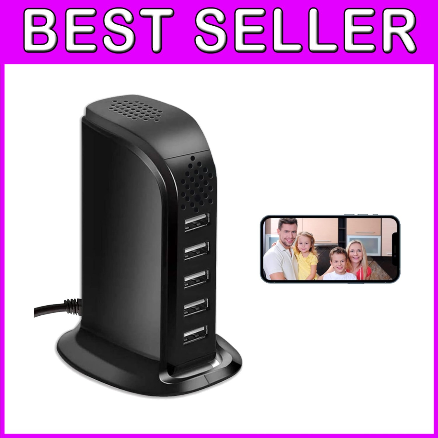 1080P HD Wireless USB Charger Camera with Motion Detection and 5-Port Charging Hub