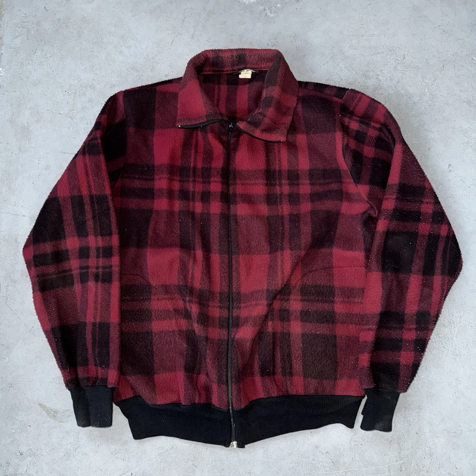 Vintage Red & Black Plaid Fleece Zip Up Jacket. Made In U.S.A.