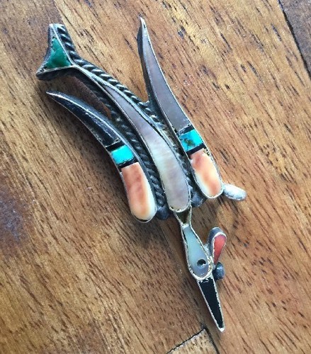 VINTAGE STERLING SILVER TURQUOISE INLAY PEYOTE BIRD PENDANT 70/80’s - Picture 4 of 7