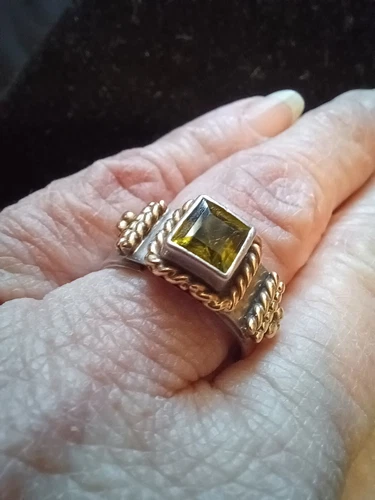 VTG SIGNED EDGAR PLATERO STERLING 14K GOLD PERIDOT LADIES RING ADJUSTABLE