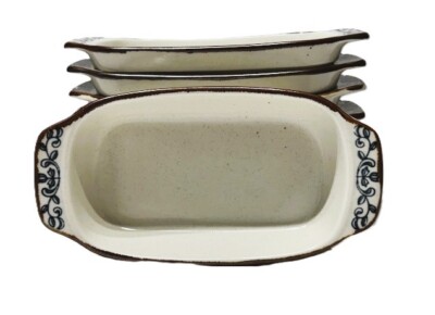 Set Of 8 Vtg Beige Blue Trim Tulip Ironware Casserole Serving Dishes 8.25 x 4.25