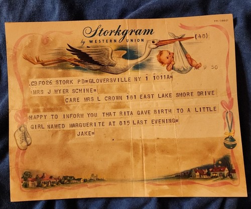 1950 STORKGRAM HALLOWEEN BIRTHDAY TO AMBASSADOR HOTEL OWNER HILDEGARDE SCHINE - Picture 2 of 2