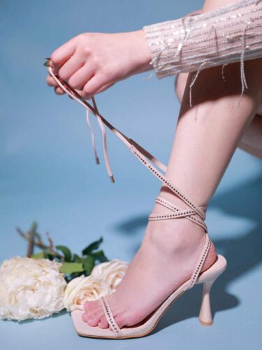 Women's Lace Up Strappy Heels Stiletto High Heels Sandals Open Square Toe Pump H - Picture 28 of 71