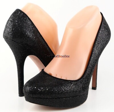 $200 JOAN DAVID FLIPP Black Glitter Designer EVENING Heels