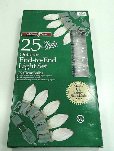 25-Light C9 CLEAR CHRISTMAS String Light Set GREEN WIRE End-To-End NEW