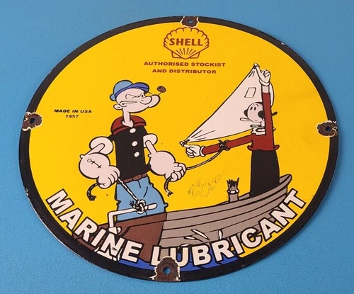 Vintage Shell Gasoline Sign - Popeye & Olive Gas Service Station Porcelain Sign