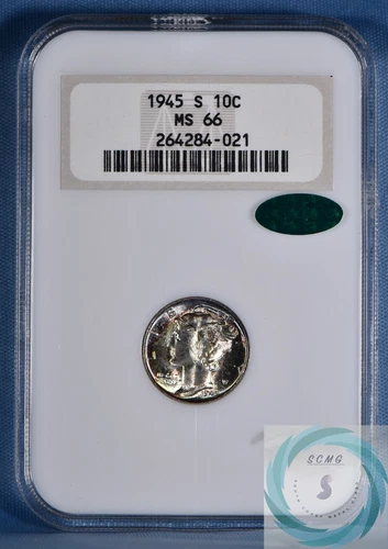 1945-S Mercury Dime NGC MS66 with CAC Approval - Elegant Rainbow Toner
