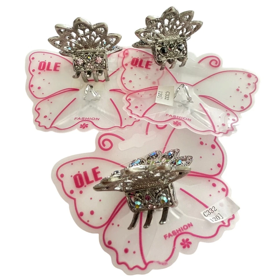 3 pinzas para el cabello nuevas con etiquetas de metal plateado y cristal de Swarovski con flores 1,75" x 2" Foto 4 de 4