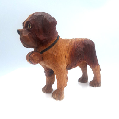 Vintage Hand Carved Wood Saint Bernard Dog Figurine Keg Barrel Highly Detailed
