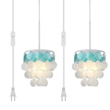 2 Pack Pendant Light Fixtures, 1-Light Plug in Capiz Shell Chandeliers with O...
