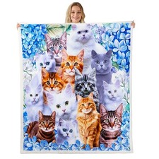 Kids Cute Cat Plush Fleece Throw Blanket, Cartoon Pet Cats, Children Boys Gir...
