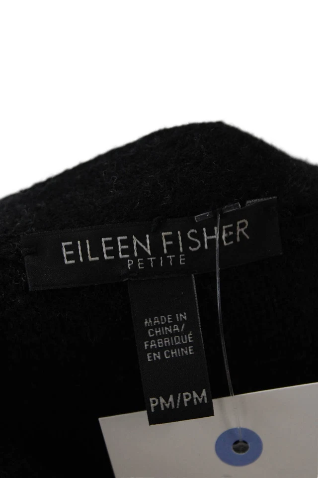Eileen Fisher Women Overcoat Black Merino Wool Check Long Sleeve Petites Size M - Image 4 of 4