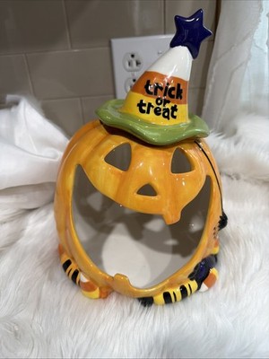 Ceramic Jack O Lantern Halloween Pumpkin Witch 10.5'' Decorative Candy Holder