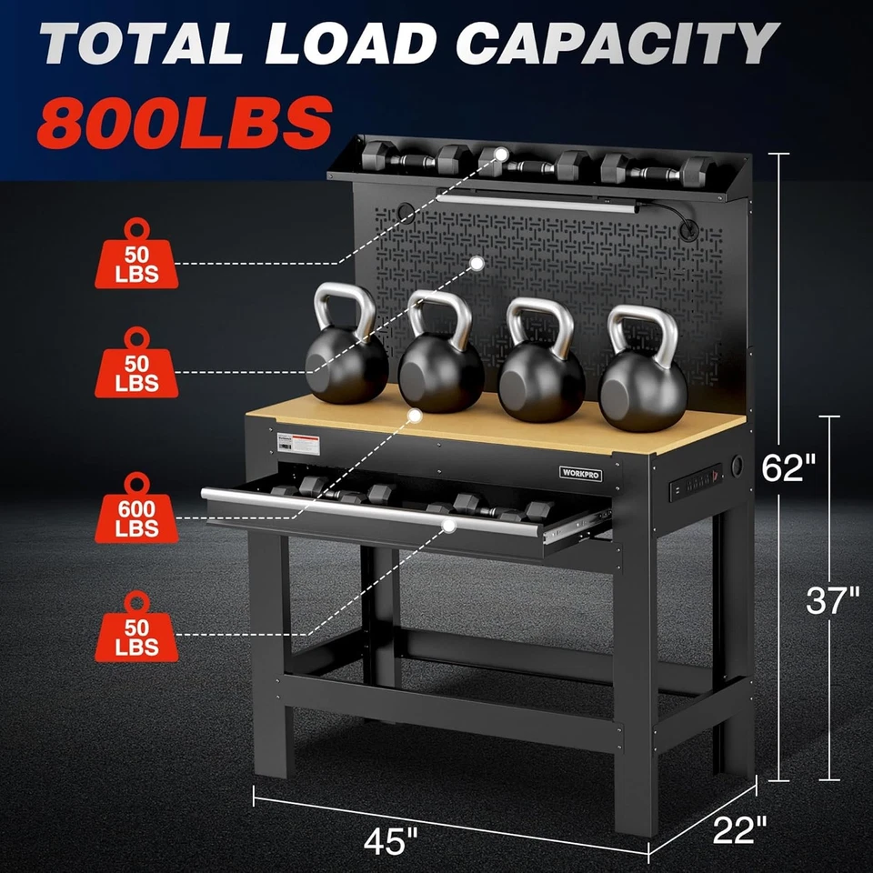 WORKPRO 45" Banco de Trabajo de Garaje con Almacenamiento Banco de Trabajo de Alta Resistencia con Tablero de Clavijas 800LBS Foto 2 de 4