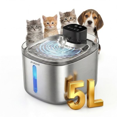 Water Fountain for Cats & Dogs 5L/169fl.oz Stainless Steel Wireless Cordless ...