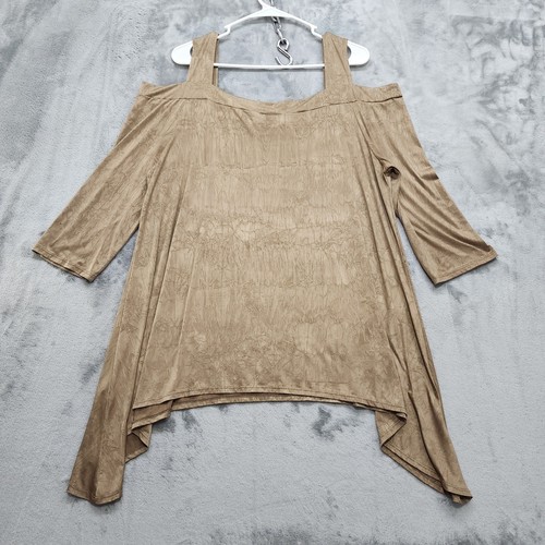 The Pyramid Collection Top Womens 1X Gold Tan Crinkle Stretch Knit Cold Shoulder - Picture 5 of 10