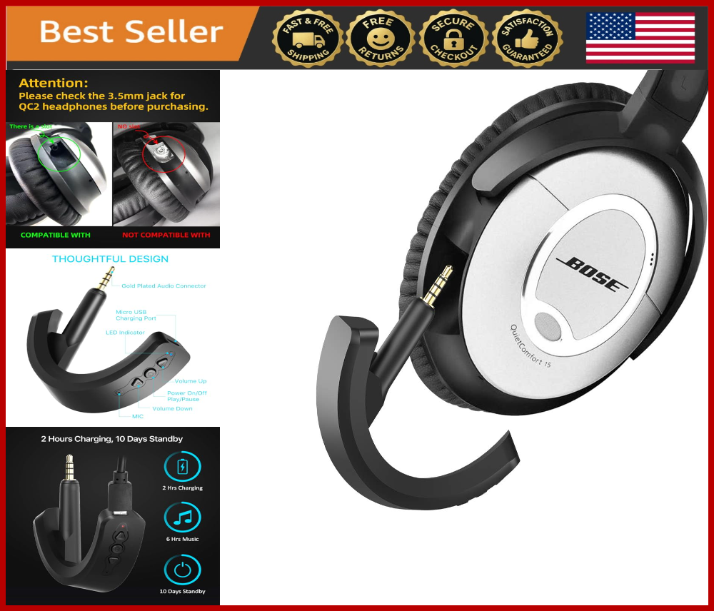 Wireless Bluetooth 5.0 Adapter for Bose QC15 with Mic & Volume Control, Black